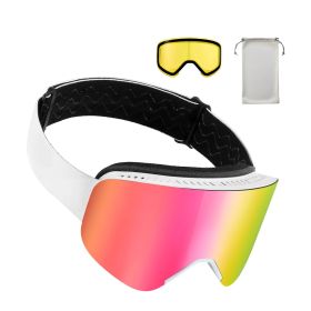 Frameless Ski Goggles, Magnet Cylindrical Lens with Pink Revo Coating, OTG Anti fog Snow Goggles for Men Women Youth