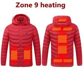 Men 9 Areas Heated Jacket USB Winter Outdoor Electric Heating Jackets Warm Sprots Thermal Coat Clothing Heatable Cotton jacket (Color: 9 Areas heated Red, size: XXL)