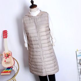 Hooded Women's Down Vest Long Coat Slim Fashion Ultra Light White Duck Down Waistcoat Female Fashion Winter Ladies Jacket Vests (Color: Beige, size: XL)