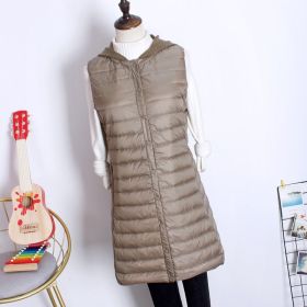 Hooded Women's Down Vest Long Coat Slim Fashion Ultra Light White Duck Down Waistcoat Female Fashion Winter Ladies Jacket Vests (Color: Khaki, size: L)