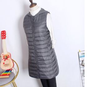 Hooded Women's Down Vest Long Coat Slim Fashion Ultra Light White Duck Down Waistcoat Female Fashion Winter Ladies Jacket Vests (Color: Gray, size: XL)