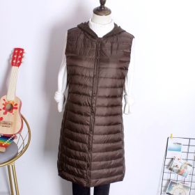 Hooded Women's Down Vest Long Coat Slim Fashion Ultra Light White Duck Down Waistcoat Female Fashion Winter Ladies Jacket Vests (Color: Coffee, size: XL)
