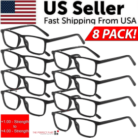 Reading Glasses Mens Womens Unisex Readers Eyeglasses 8 Pack Glasses New Square (Strength: =+1.50 Strength)