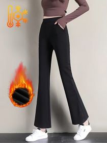 Warm and slightly flared pants for autumn and winter, high waisted and slimming, elastic waistband, suitable for office pants (Color: Black, size: L)