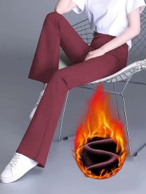 Warm and slightly flared pants for autumn and winter, high waisted and slimming, elastic waistband, suitable for office pants (Color: Burgundy, size: L)