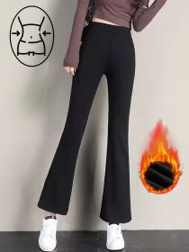 Warm and slightly flared pants for autumn and winter, high waisted and slimming, elastic waistband, suitable for office pants (Color: Black, size: M)