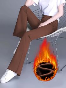 Warm and slightly flared pants for autumn and winter, high waisted and slimming, elastic waistband, suitable for office pants (Color: Khaki, size: L)